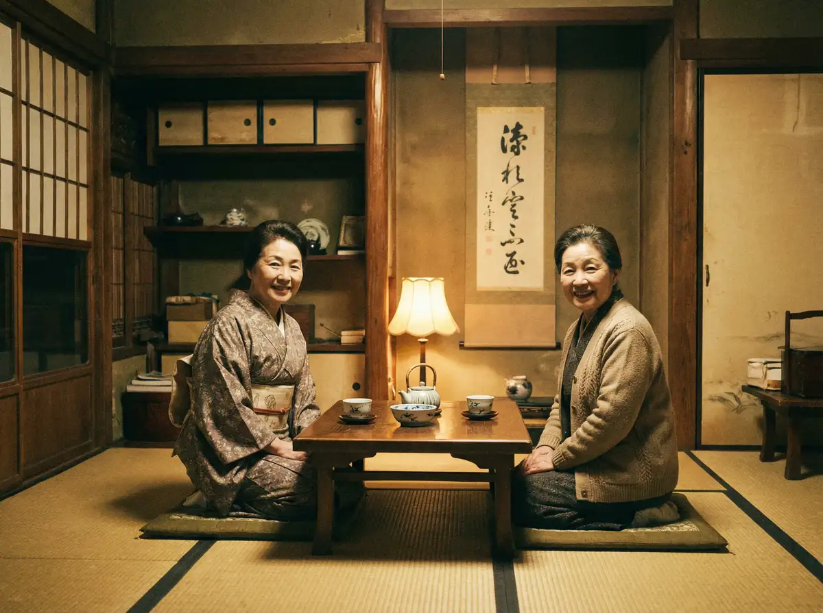 两位优雅的 亚美体育平台 在日式茶室中品茶交谈